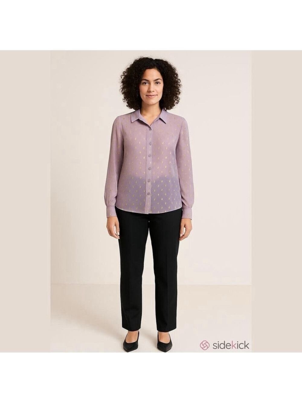 ModCloth Lavender w/ Metallic Gold Design Long Sleeve Button Top Shirt Blouse